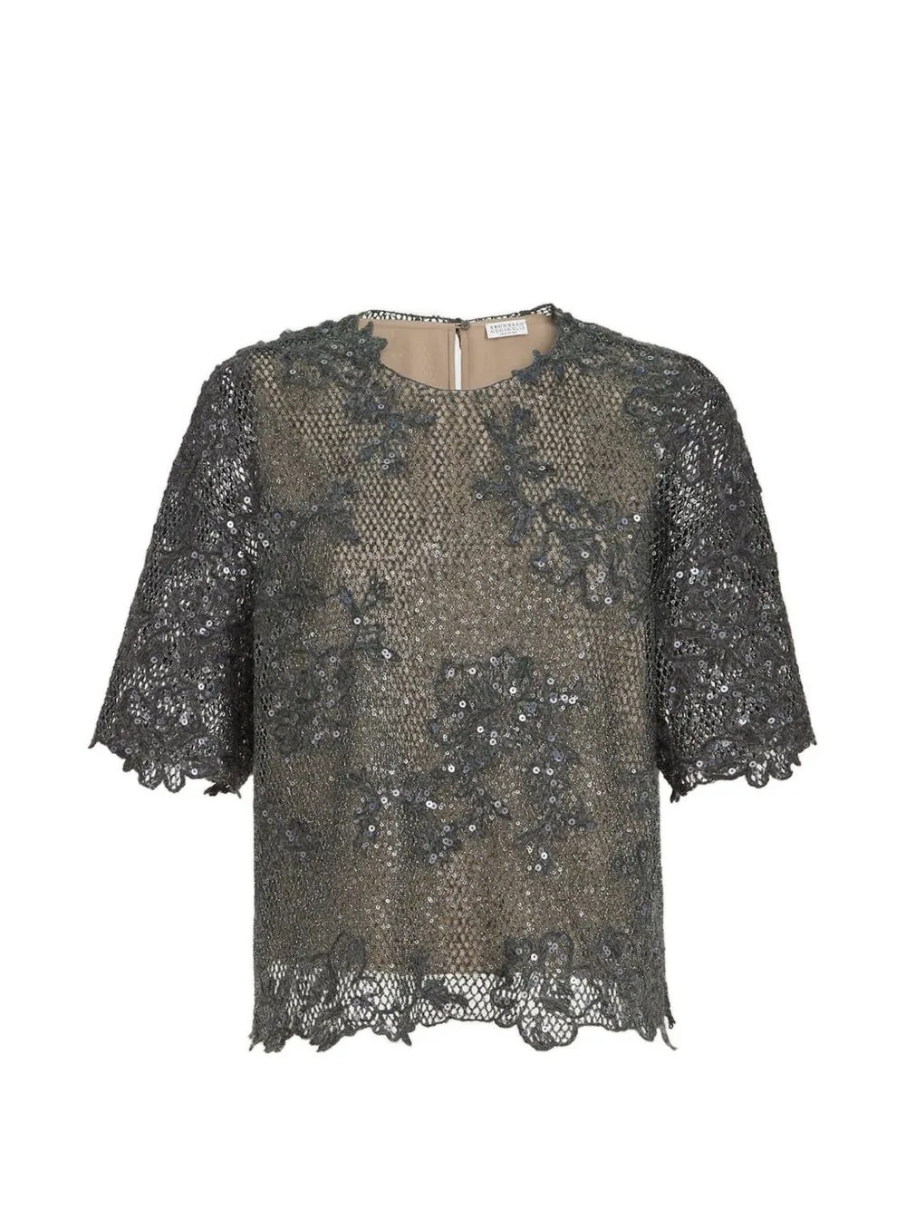 Dazzling Lace Embroidery T-Shirt in Sparkling Mohair and Wool by Brunello Cucinelli