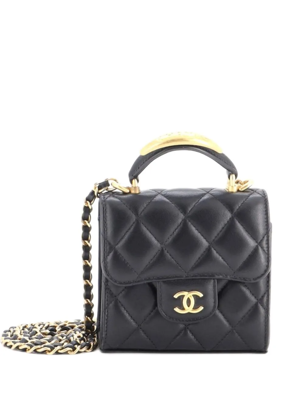 Square Classic Flap Logo Top Handle Clutch with Chain Quilted Lambskin Crossbody Bag
