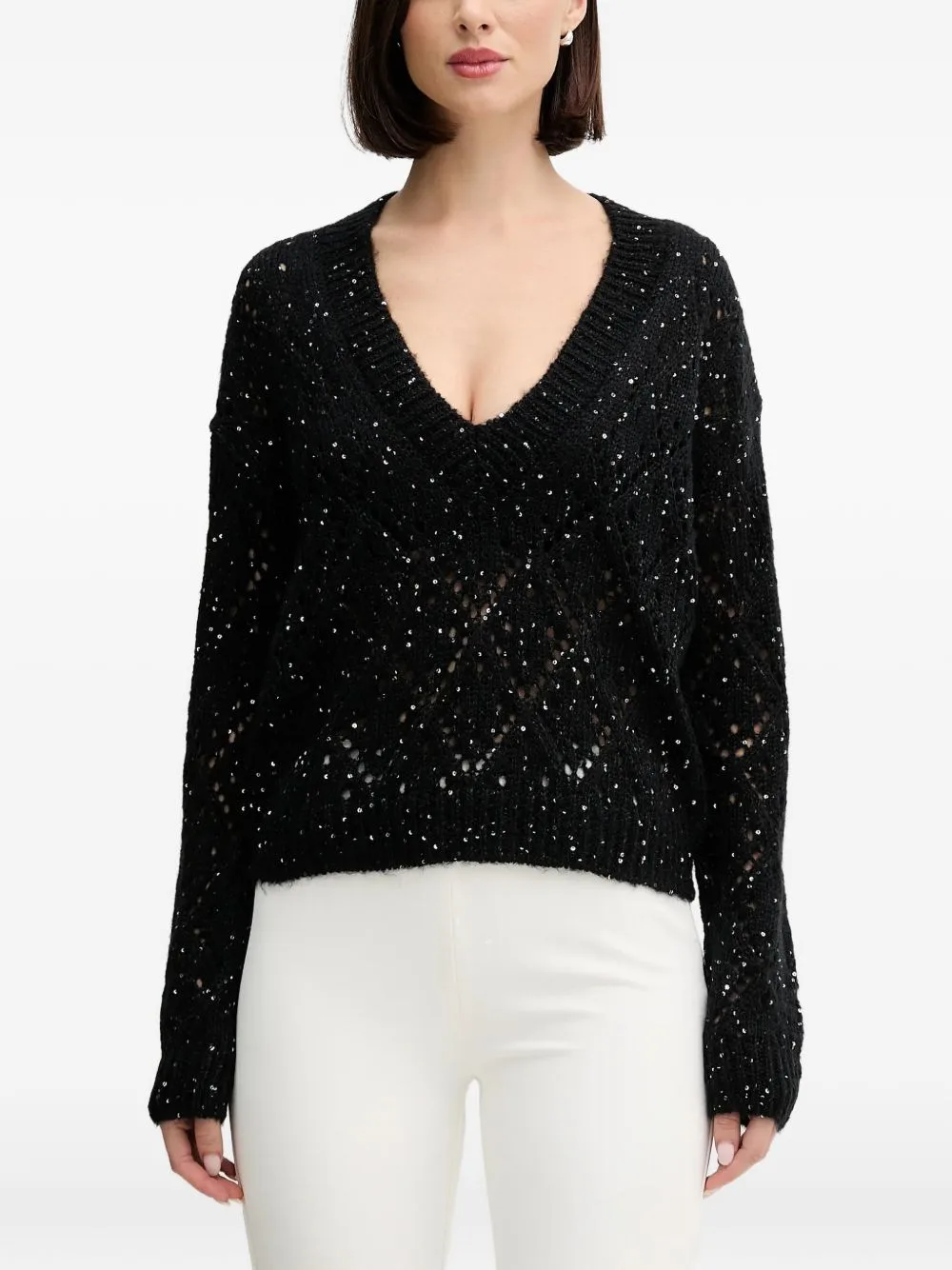 Sequin V-Neck Knit Sweater by Benetton