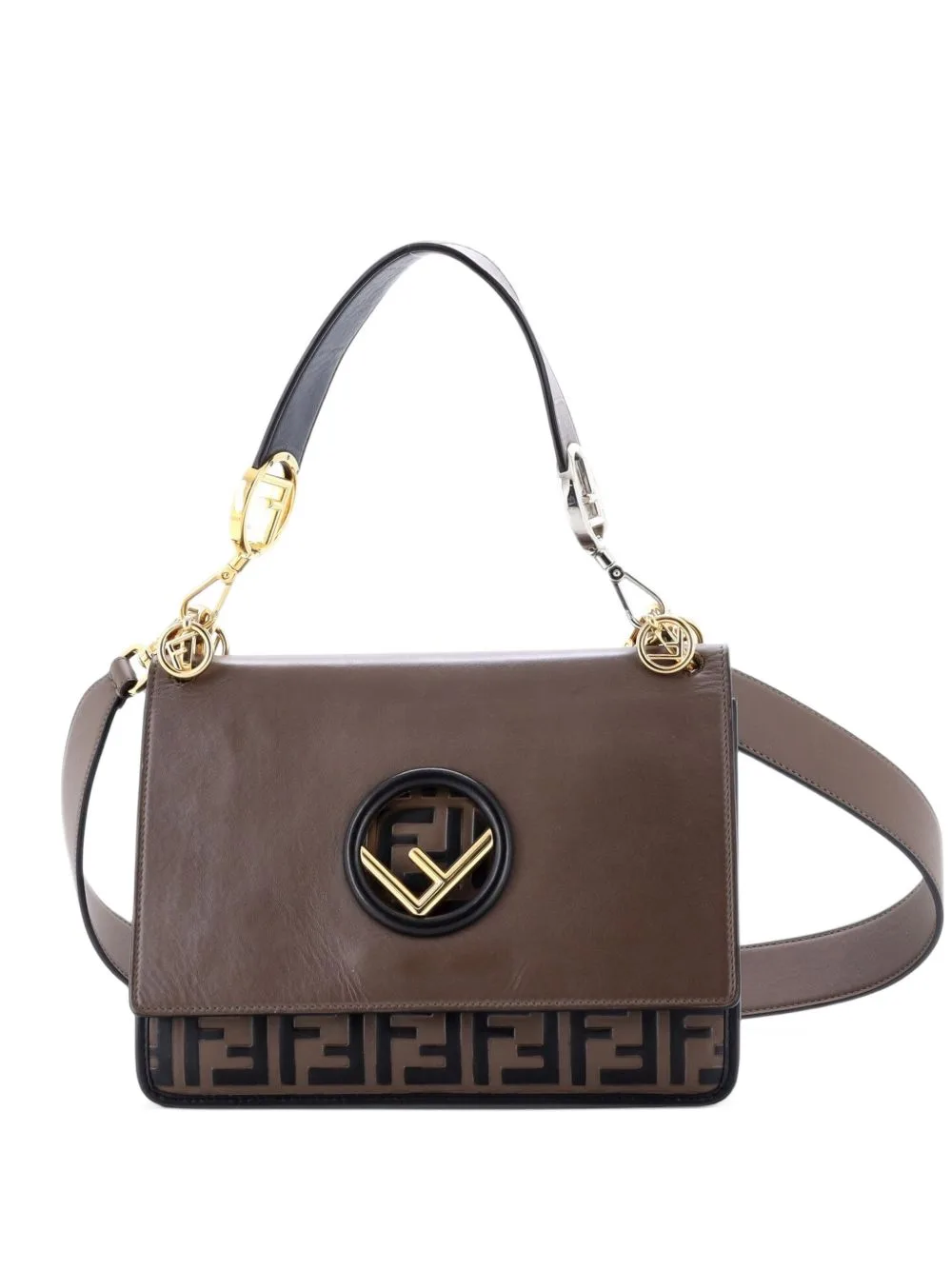 Kan I F Leather with Zucca Embossed Detail Medium Shoulder Bag by Fendi Pre-Owned