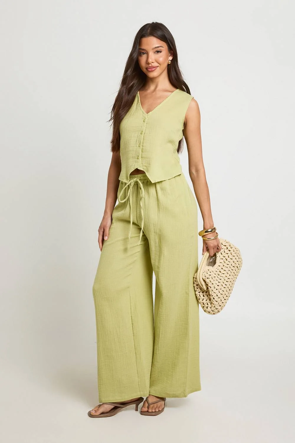 Cheesecloth Waistcoat & Beaded Wide Leg Trouser Co-Ord by boohoo