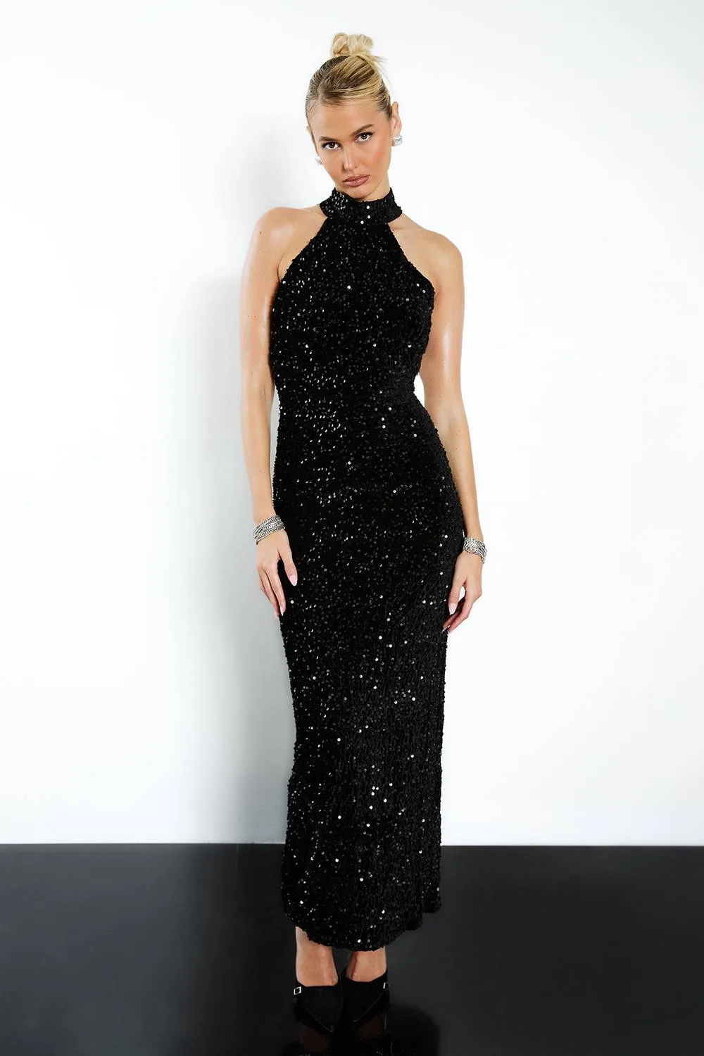 Velvet Sequin Halterneck Slip Maxi Dress by boohoo