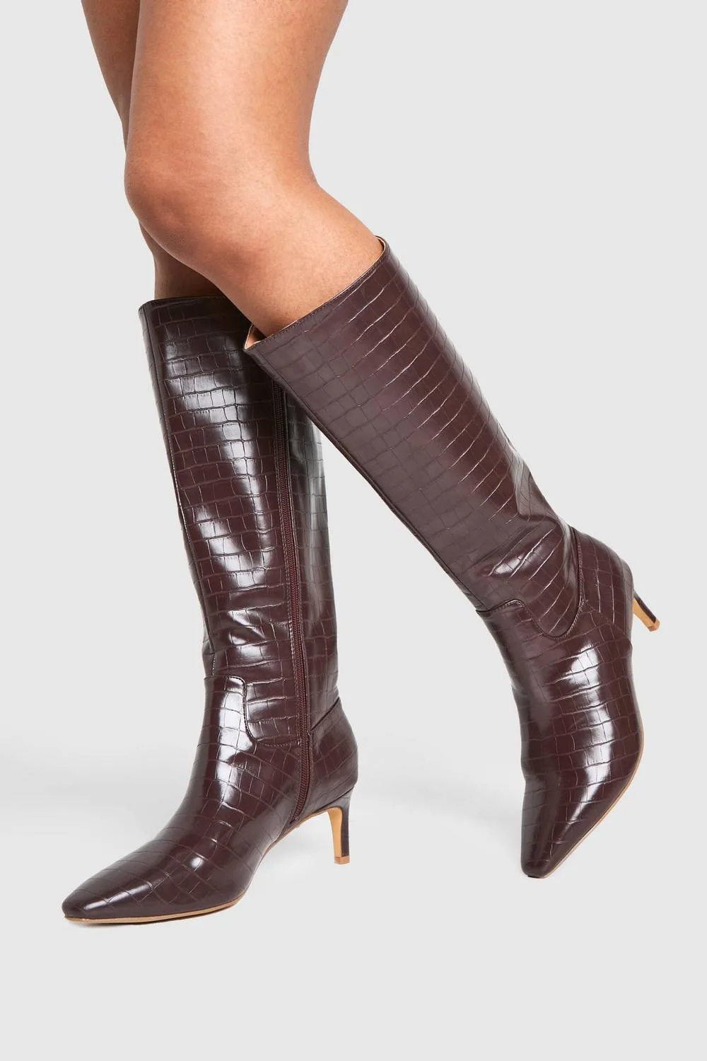 Wide Fit Croc Knee High Low Heeled Boots by boohoo