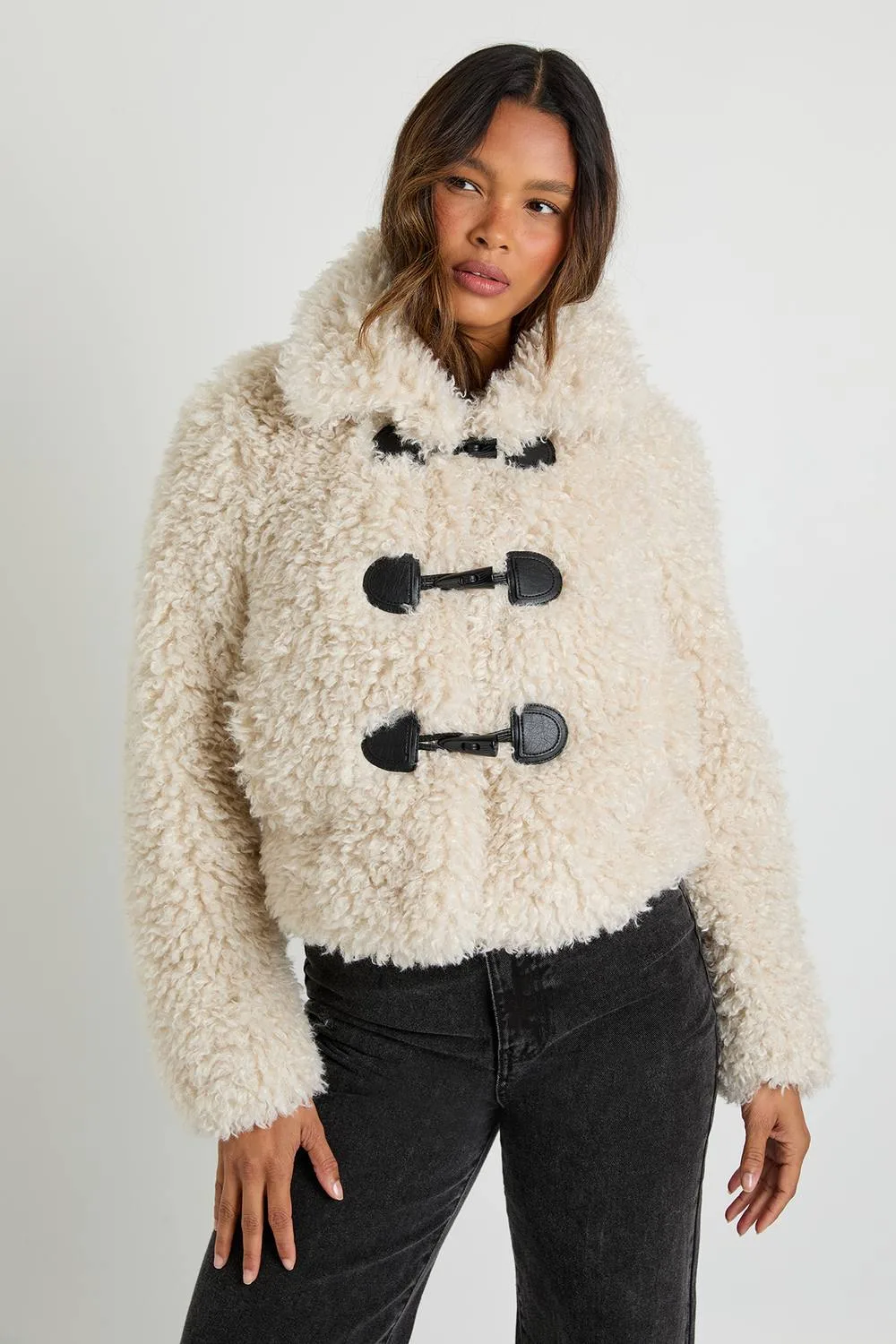 Shaggy Faux Fur Toggle Front Coat by boohoo