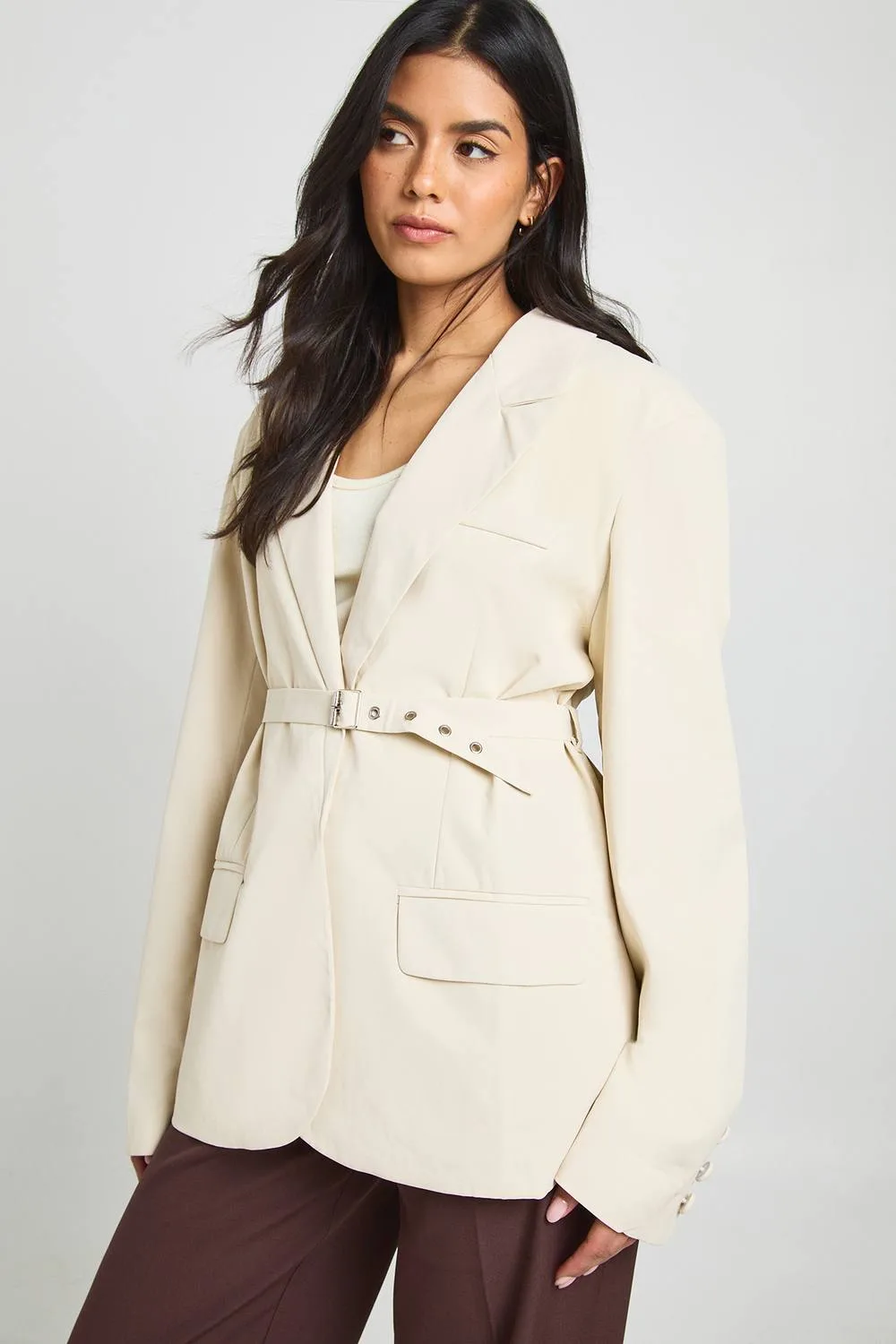 Premium Woven Oversized Cinched Waist Belted Blazer