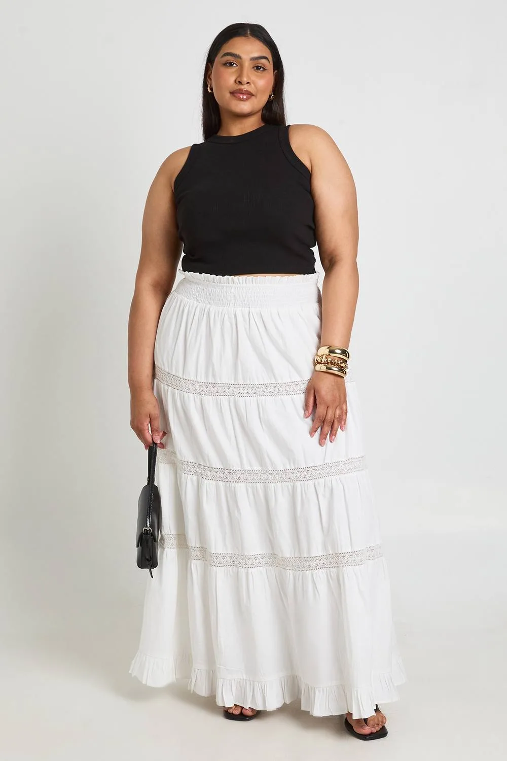 Poplin Lace Detail Tired Maxi Skirt by boohoo