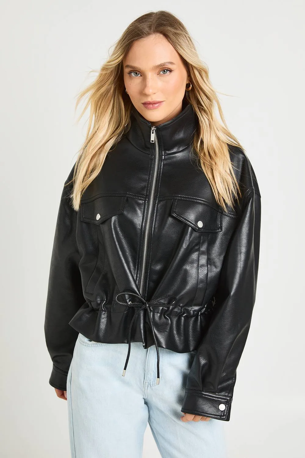 Funnel Neck Faux Leather Jacket by boohoo