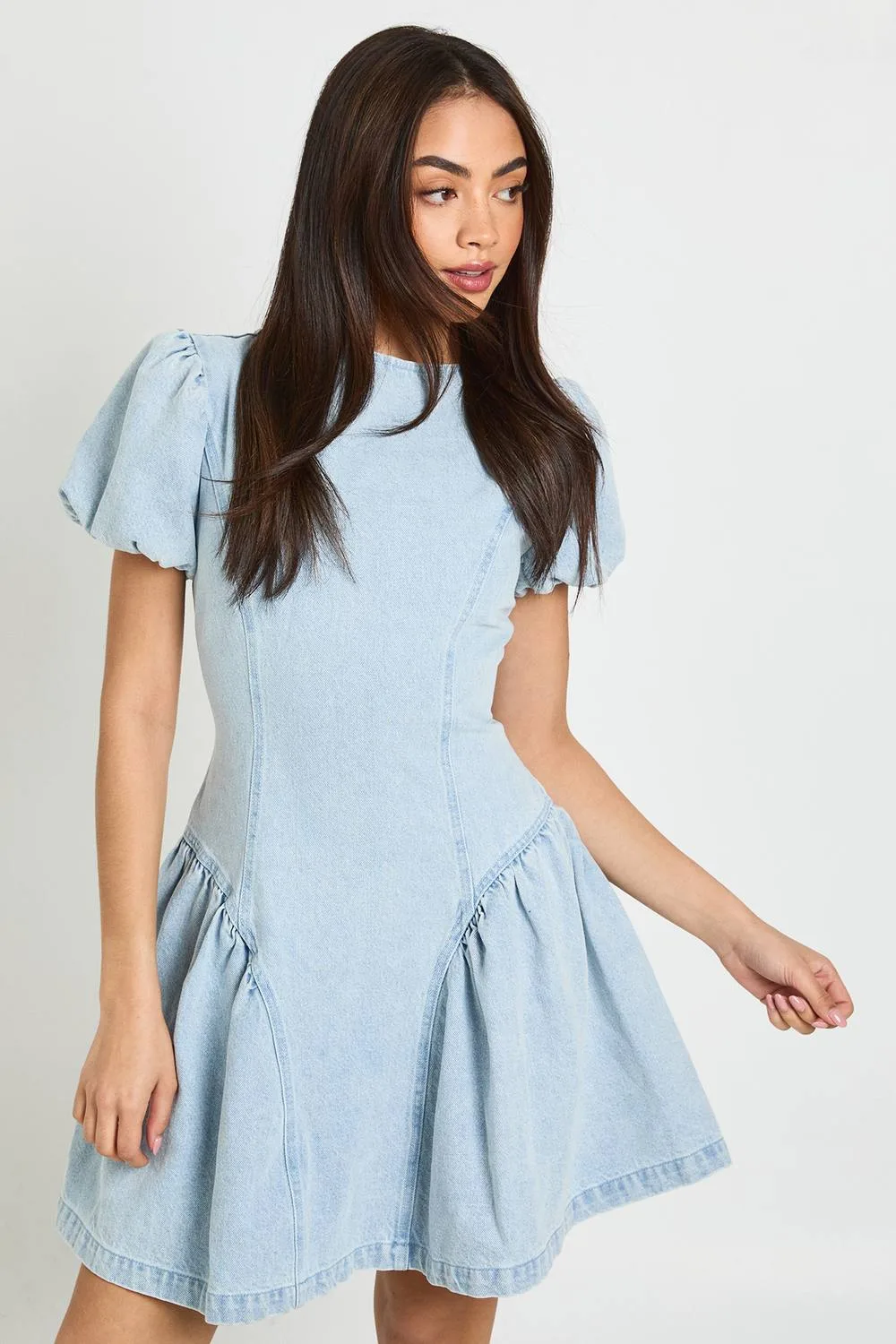 Puff Sleeve Denim Mini Dress