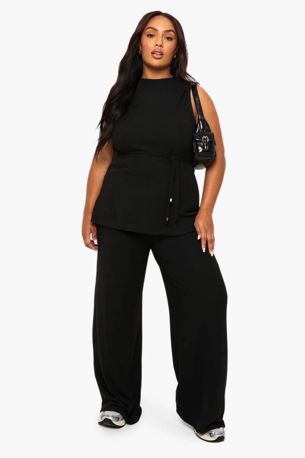 Brushed Tunic Tie Belt Top & Wide Leg Trouser
