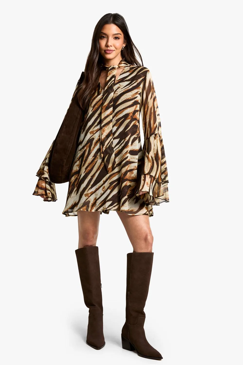 Zebra Flare Sleeve Chiffon Smock Dress by boohoo
