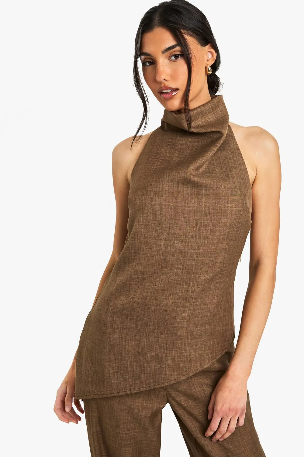Woven Marl Halterneck Top by boohoo
