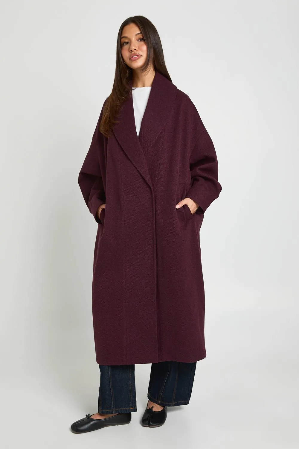 Longline Collared Wool Look Coat by boohoo