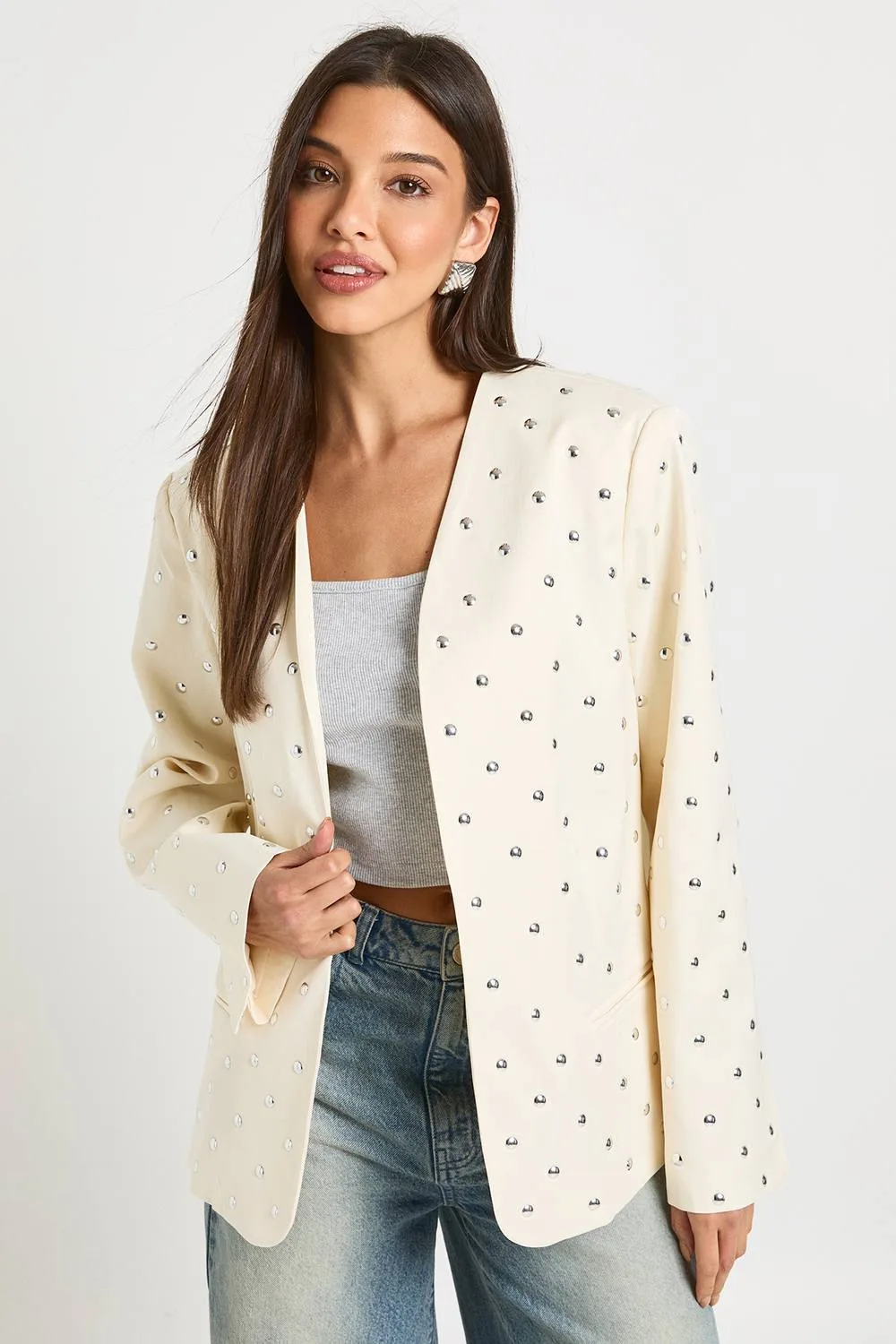Studded Collarless Oversized Blazer