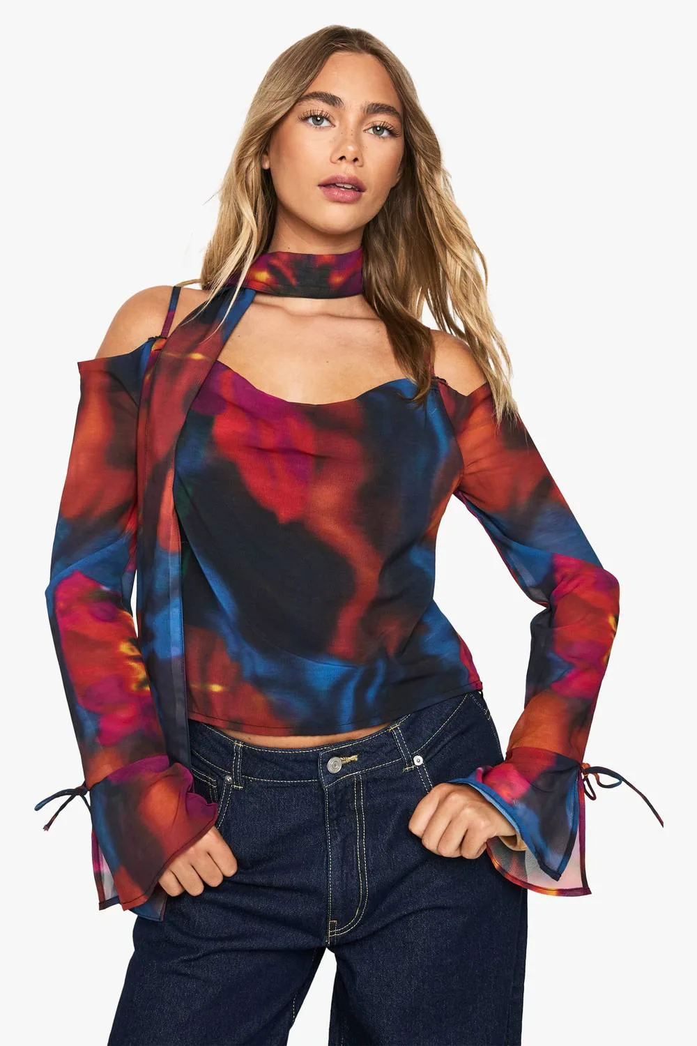 Abstract Floral Chiffon Cowl Neck Scarf Top by boohoo