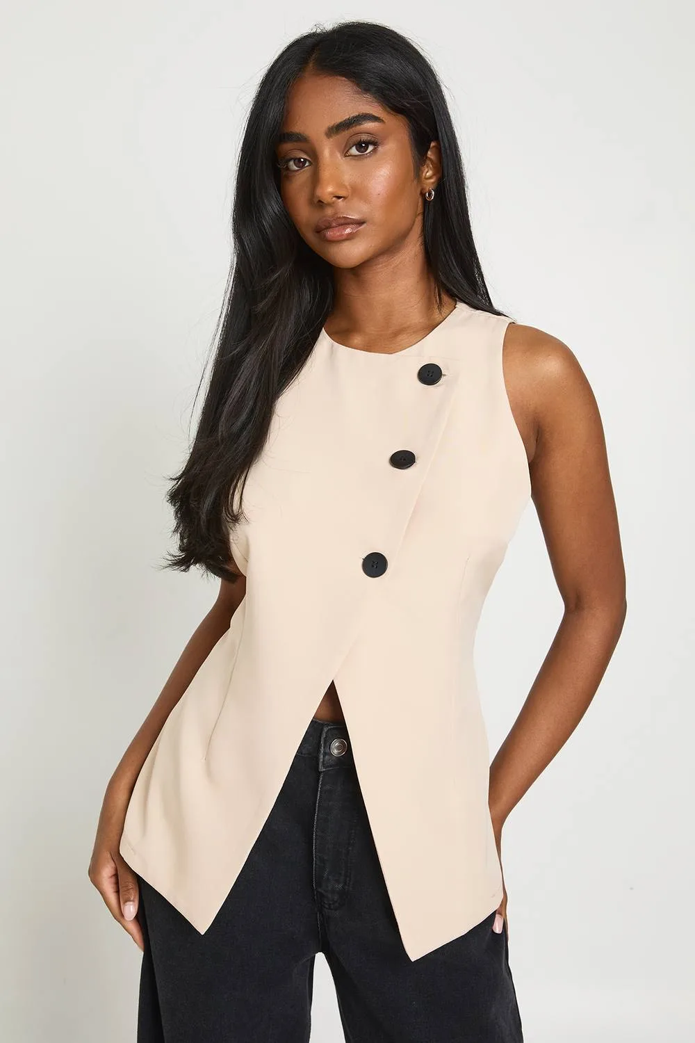 High Wrap Contrast Button Waistcoat - Stone by boohoo