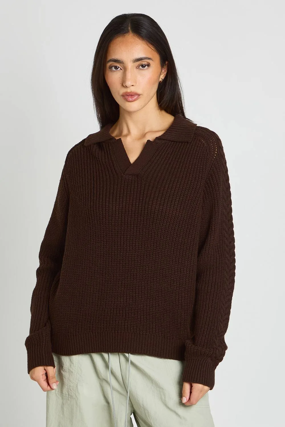 Chunky Knit Collared V Neck Jumper by boohoo