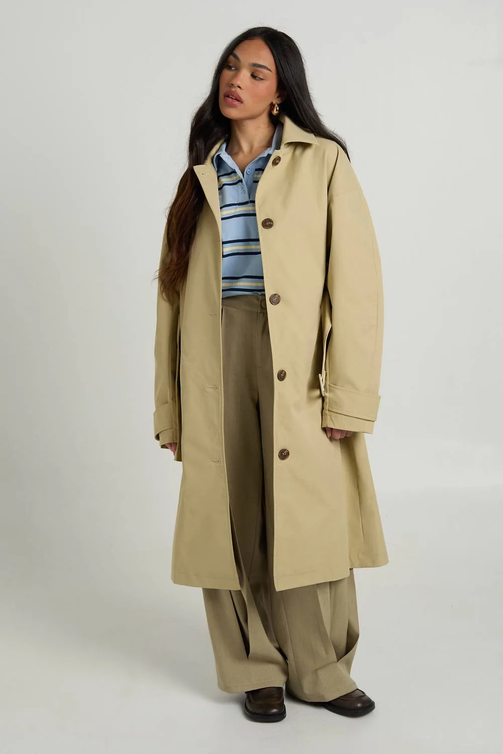 Belted Button Up Long Trench Jacket by boohoo
