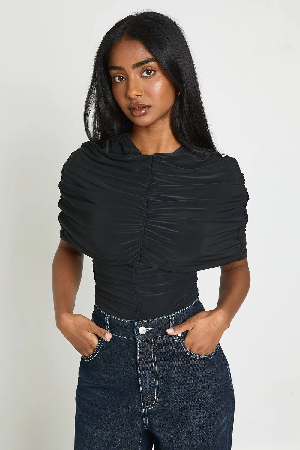 Pleated High Neck Cape Detail Top by boohoo