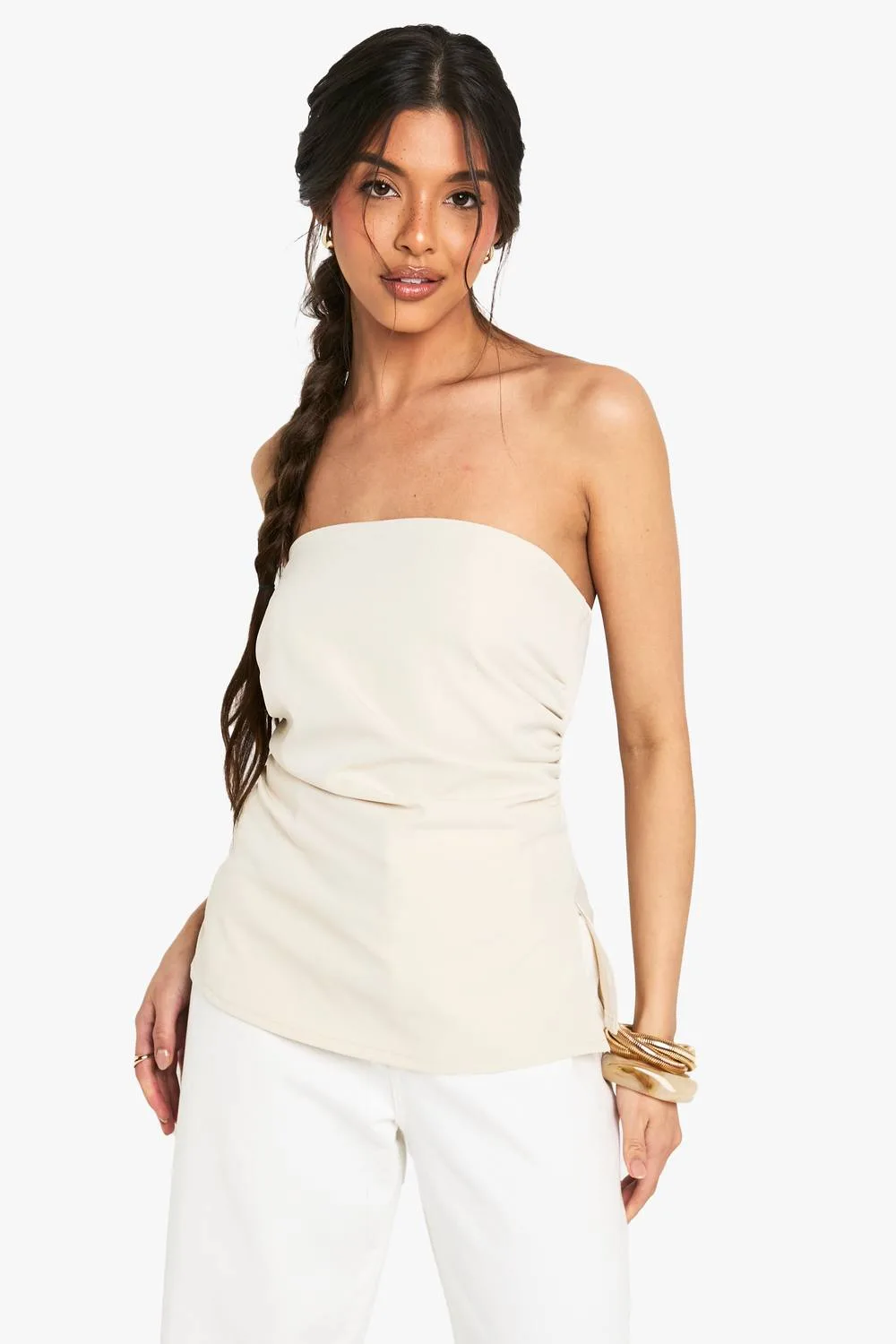Woven Bandeau Side Split Top - Stone by boohoo