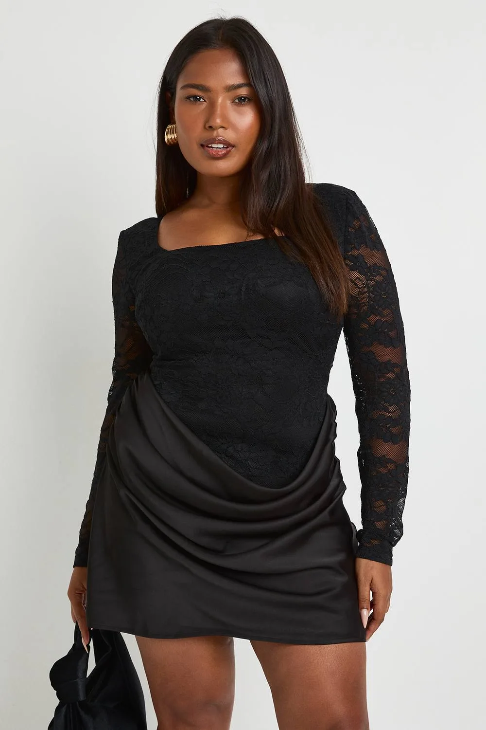 Lace Corset Long Sleeve Drape Mini Dress by boohoo