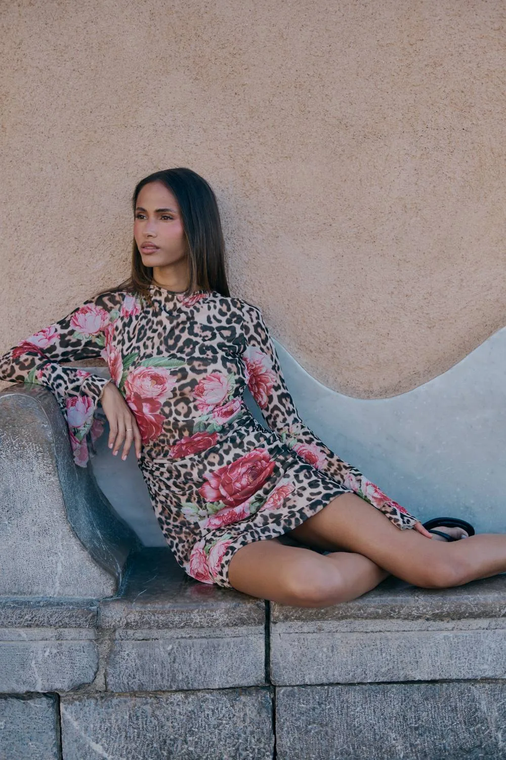 Mixed Animal Print Flared Sleeve Mini Dress - Stone by boohoo