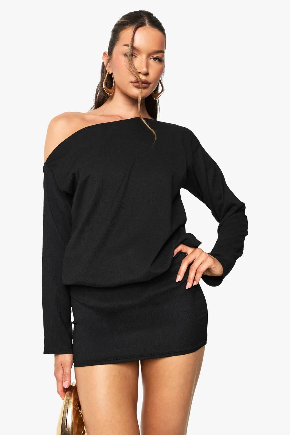 Off the Shoulder Long Sleeve Bodycon Mini Dress by boohoo