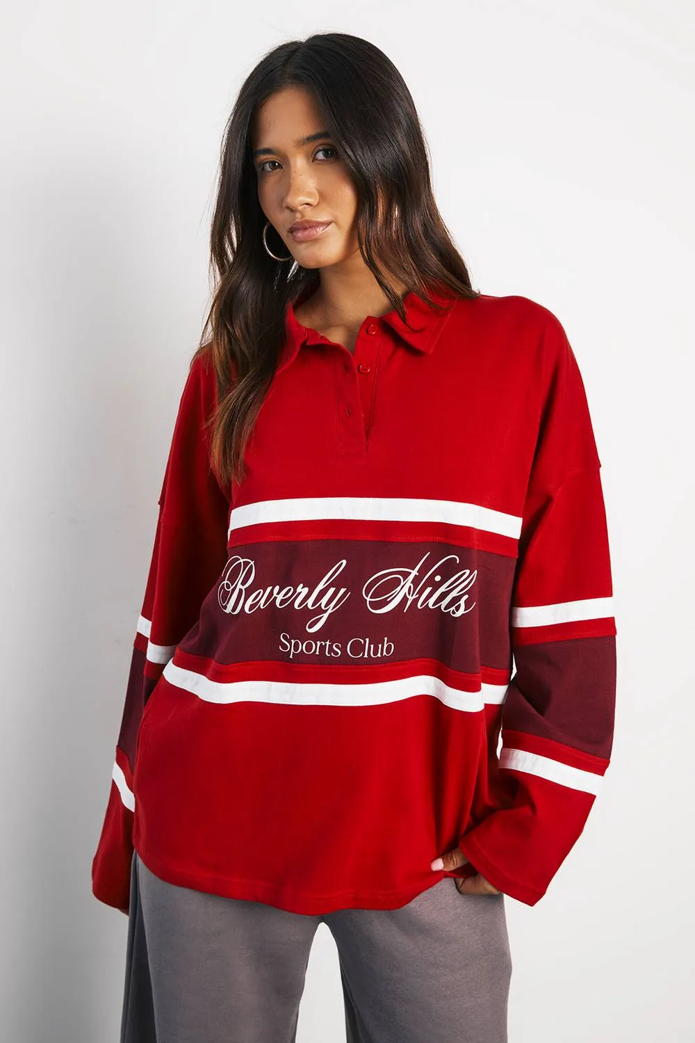 Beverly Hills Graphic Oversized Rugby Top by boohoo