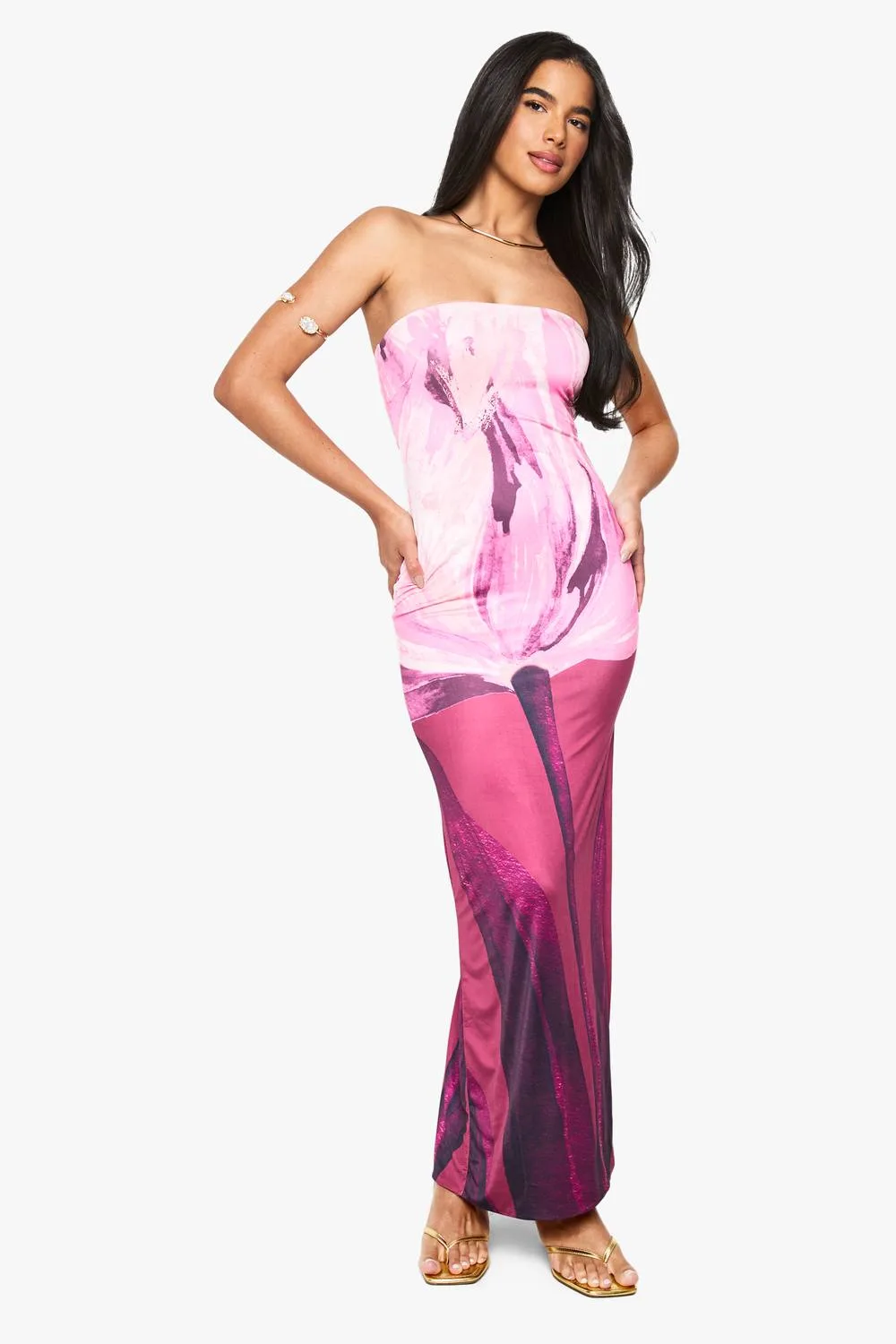 Bandeau Floral Printed Slinky Maxi Dress by boohoo