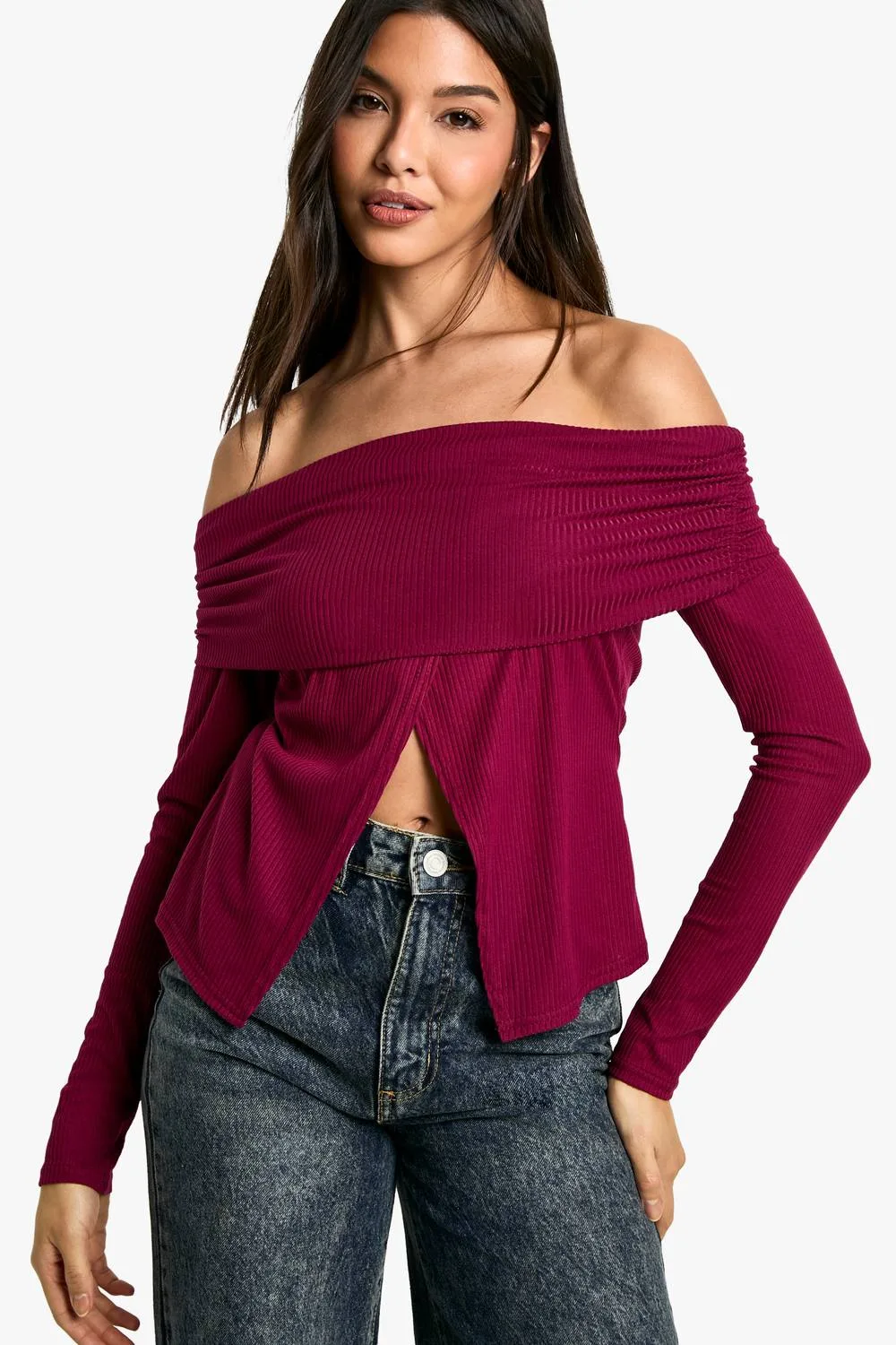 Soft Rib Bardot Top with Split Hem by boohoo