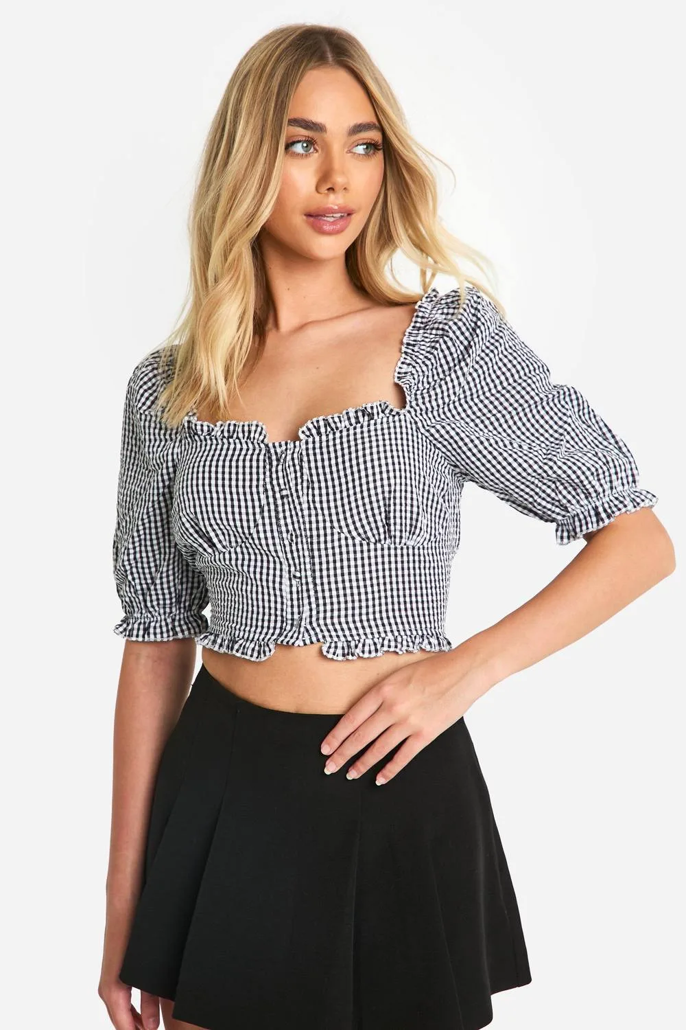 Gingham Frill Hem Puff Sleeve Crop Top by boohoo