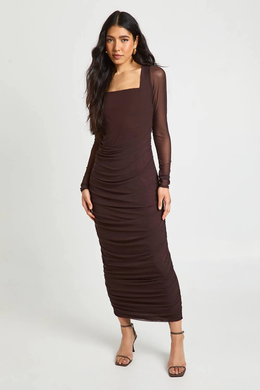 Mesh Square Neck Ruched Midi Dress