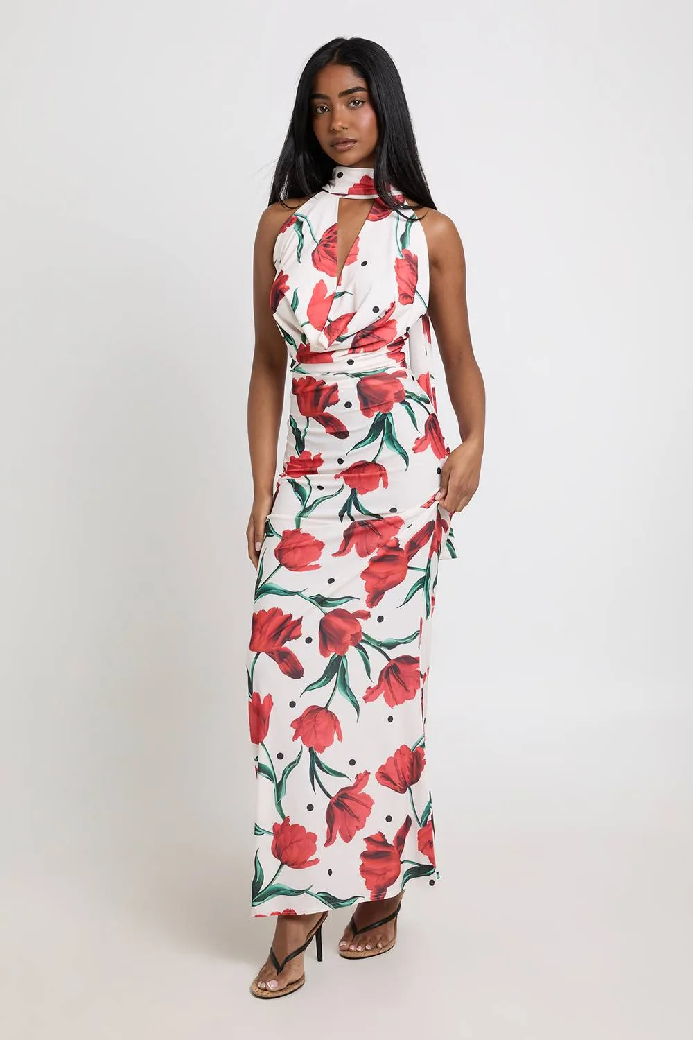 Tonal Floral Polka Dot Print Scarf Detail Maxi Dress