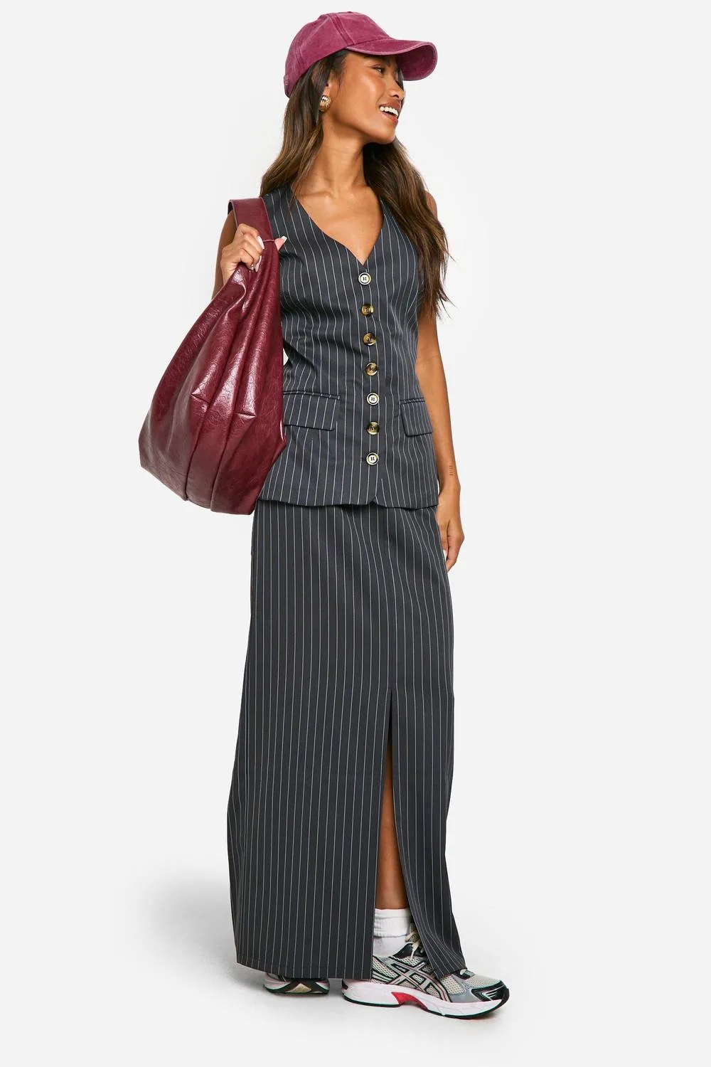 Tonal Pinstripe Split Back Column Maxi Skirt by boohoo