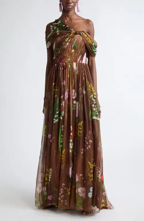 Floral One-Shoulder Silk Chiffon Gown by Oscar de la Renta
