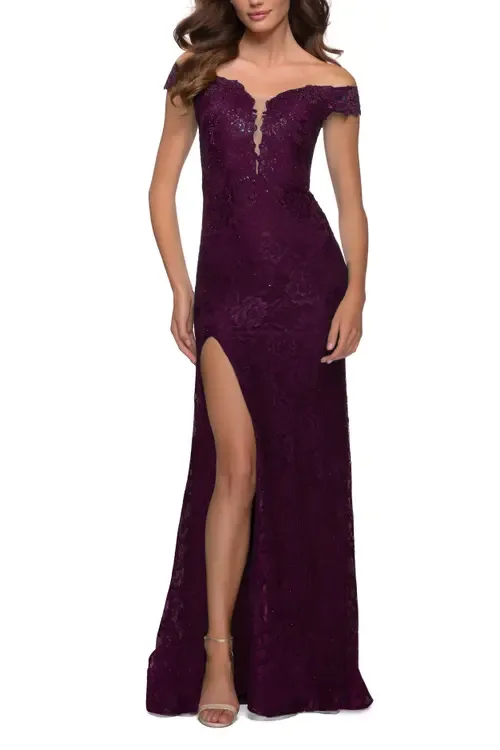 Lace Off the Shoulder Gown with Deep V Neckline by La Femme