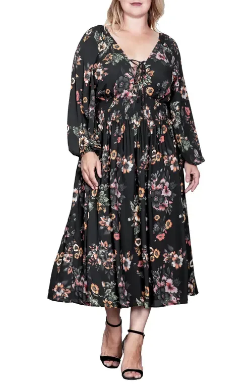 Floral Print Long Sleeve Georgette Midi Dress