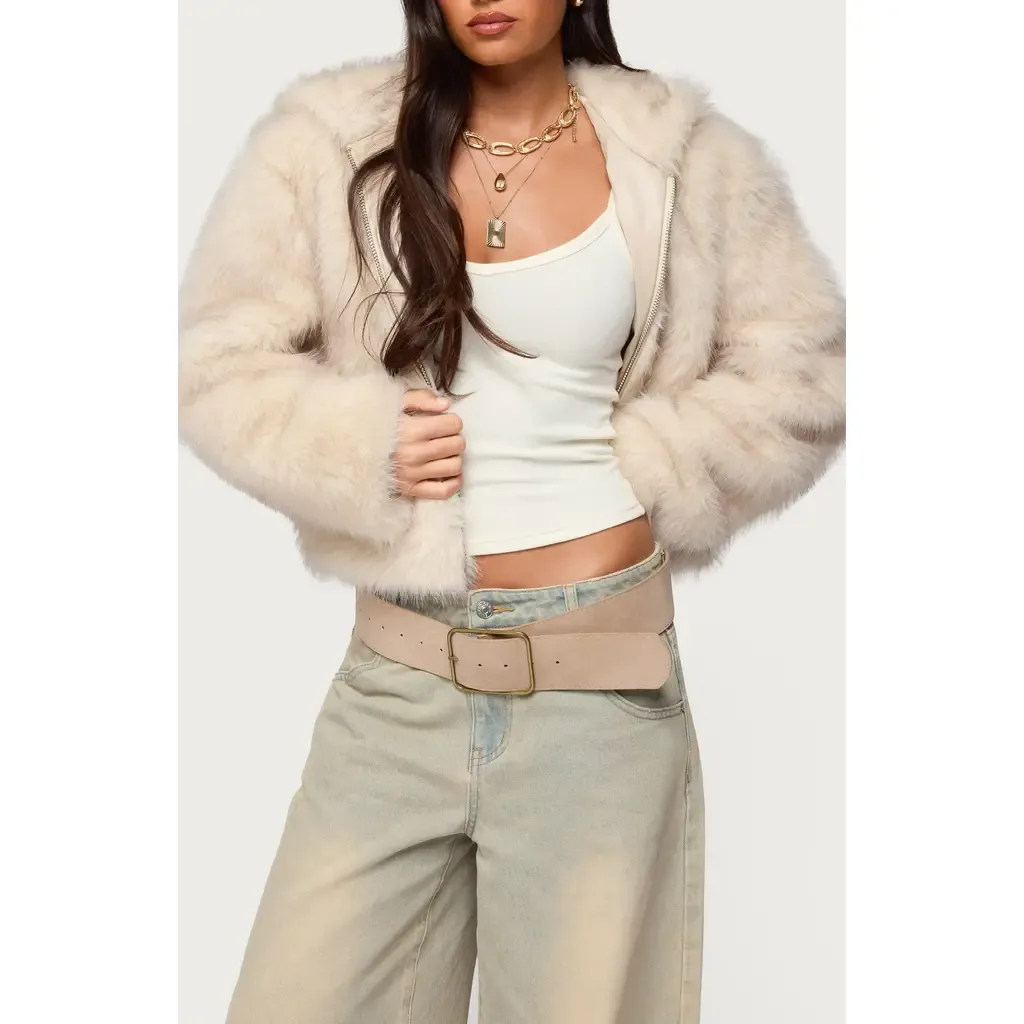 Beyonca Faux Fur Hooded Crop Jacket by EDIKTED