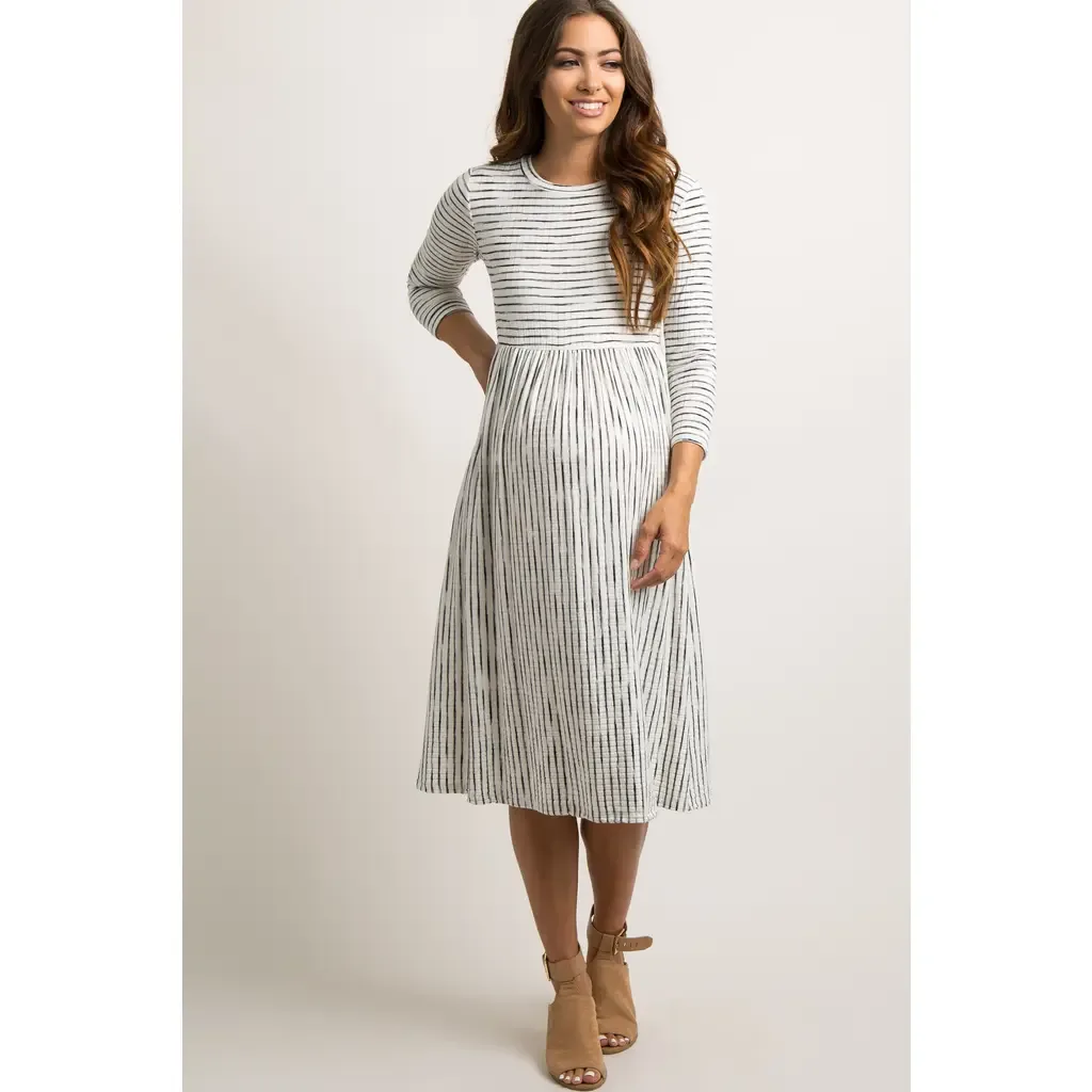 Ribbed Striped Pleated Midi Dress by PinkBlush