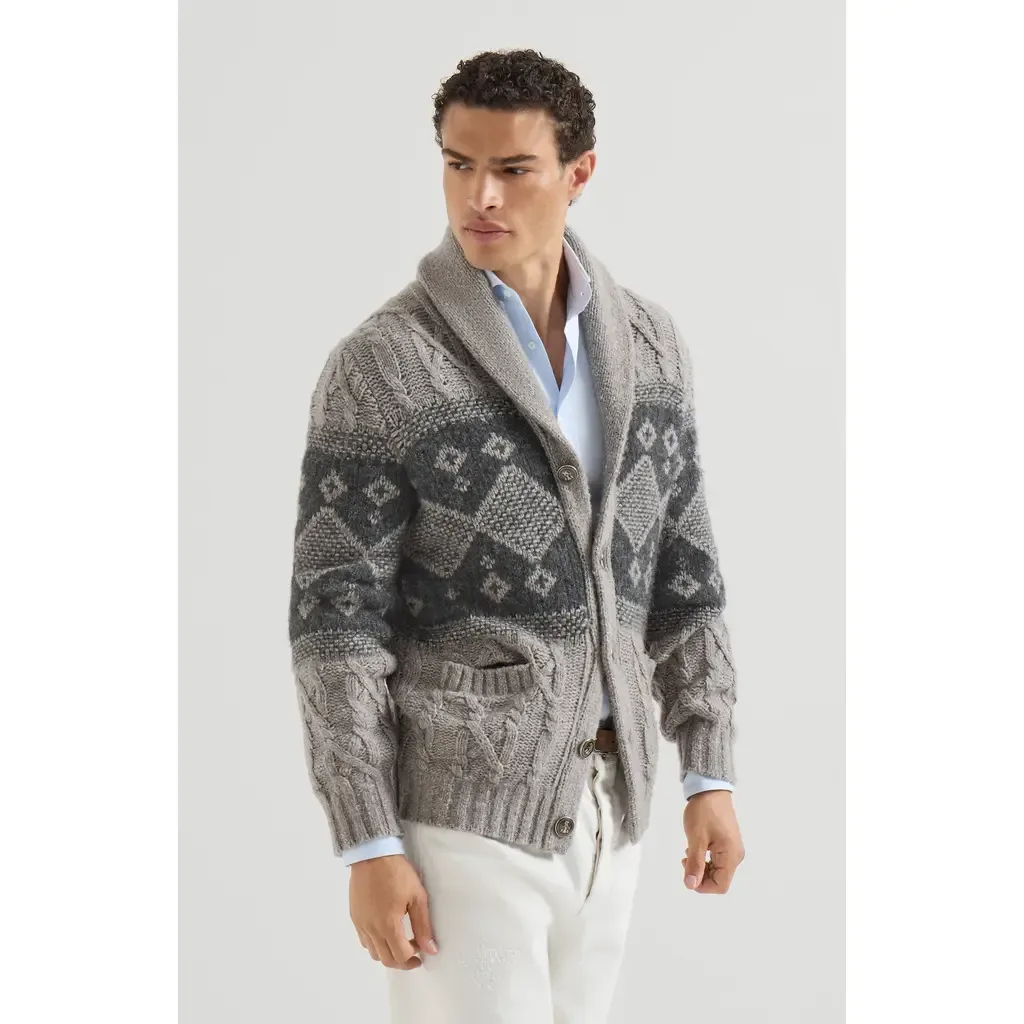 Virgin Wool, Silk and Cashmere Chiné Cable Knit Cardigan with Intarsia by Brunello Cucinelli