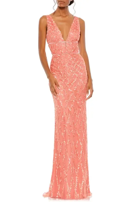 Sequined Plunge Neck Sleeveless Column Gown by Mac Duggal