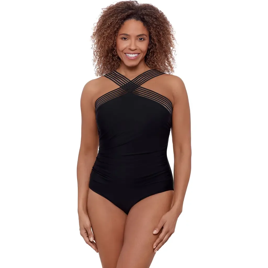 High Criss Cross Neck Full Coverage Novelty Trim One-Piece Swimsuit