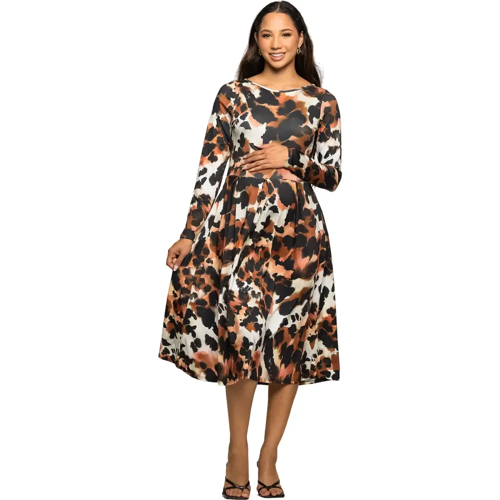 Long Sleeve Midi Dress in Animal Print by 24seven Comfort Apparel