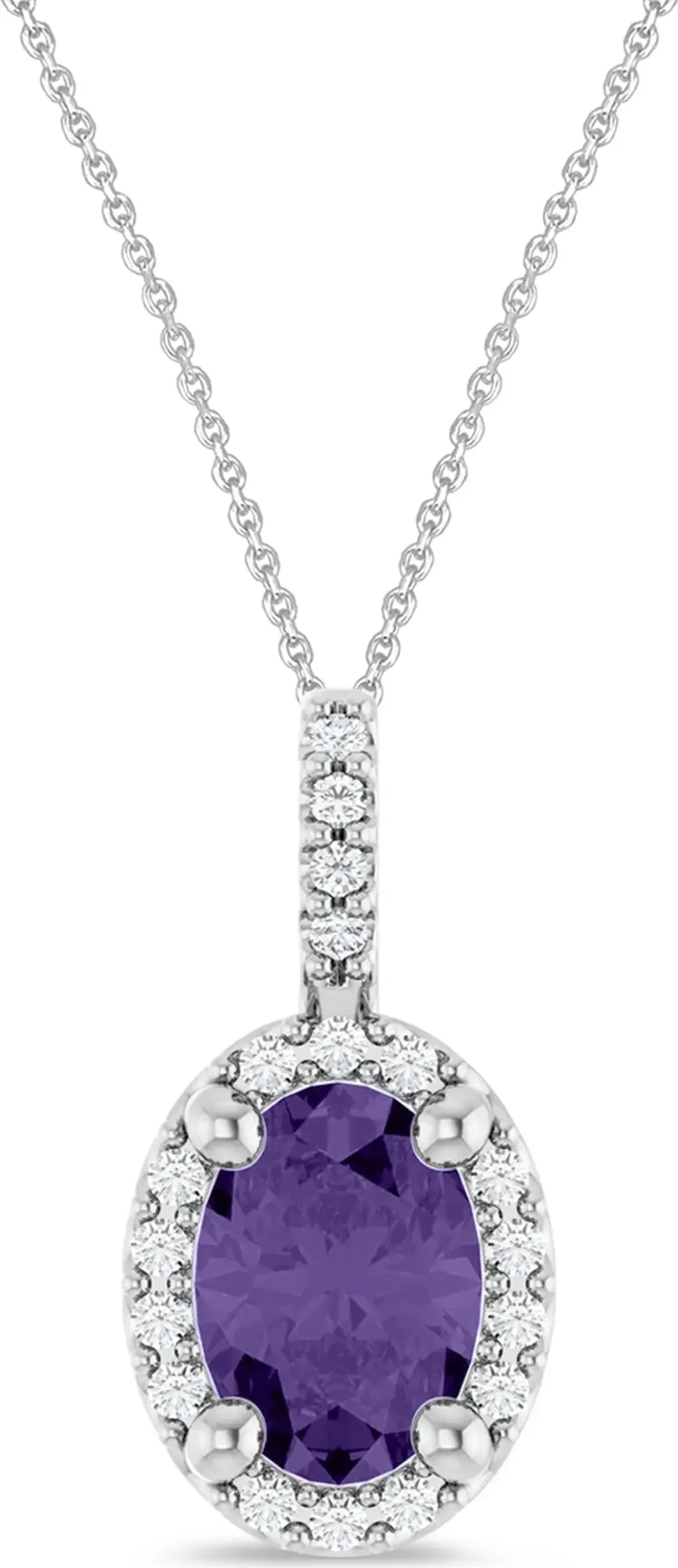 Oval Lab Amethyst & Diamond Halo Pendant Necklace 14K by ALLUREZ