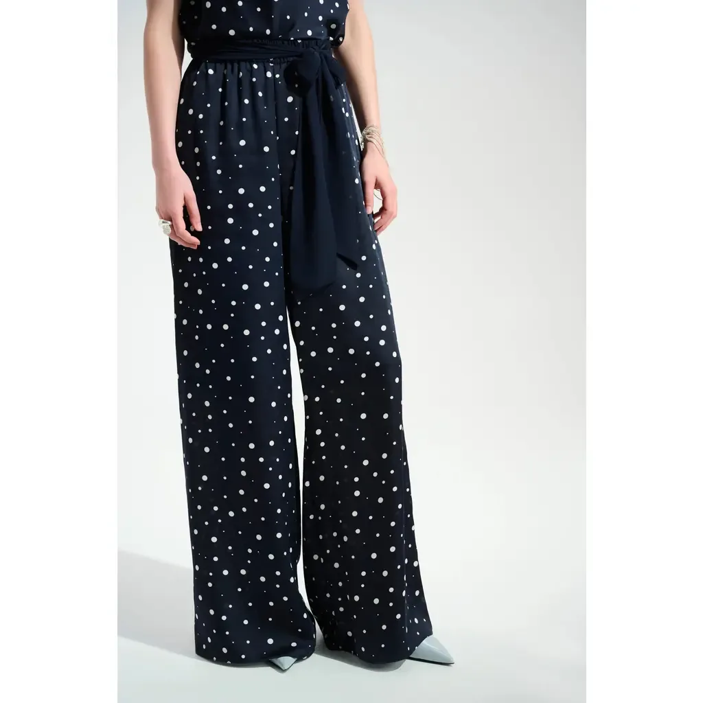 Signature Satin Dot Print Wide Leg Pants with Contrast Sash by Joseph Ribkoff
