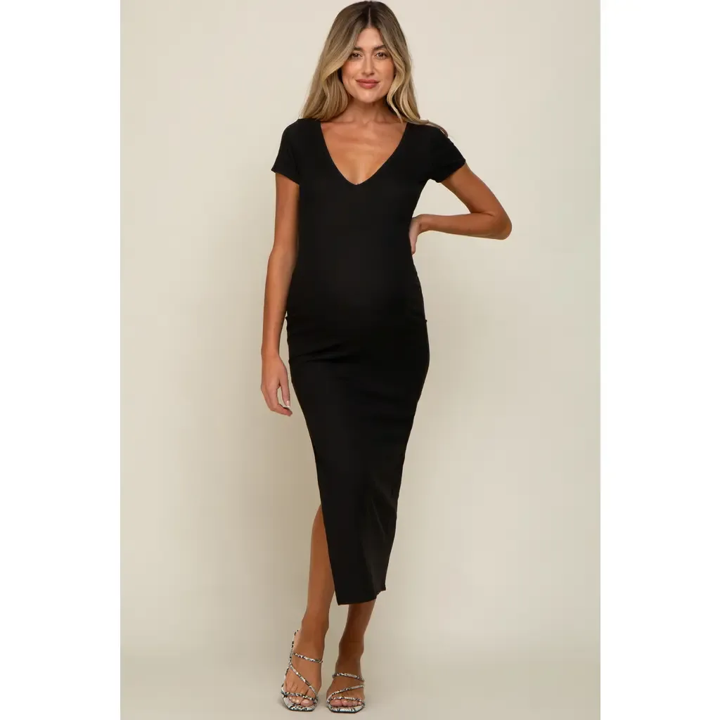 Basic Ribbed Side Slit Midi Dress by PinkBlush