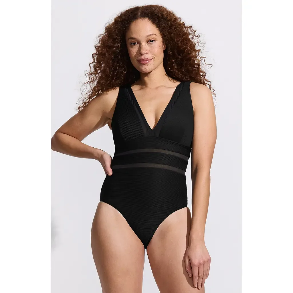 Mesh Plunge High Leg One Piece Swimsuit by Lands' End