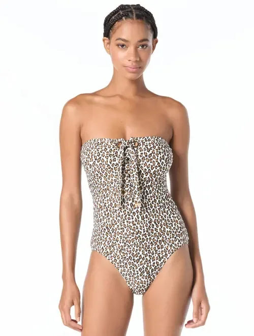 Small Leopard Bandeau Lace Up One-Piece Swimsuit by MICHAEL Michael Kors