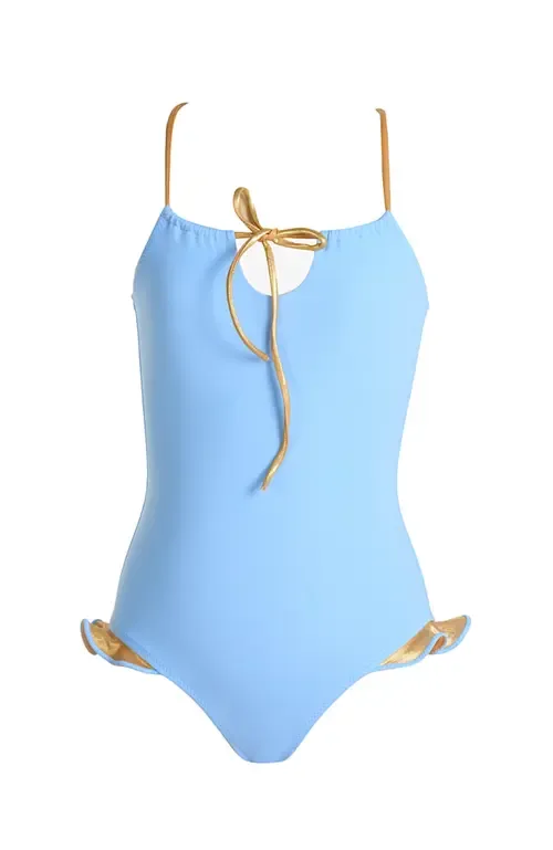 Keyhole Neckline with Bronze Tie and Ruffles One-Piece Swimsuit by NESSI BYRD