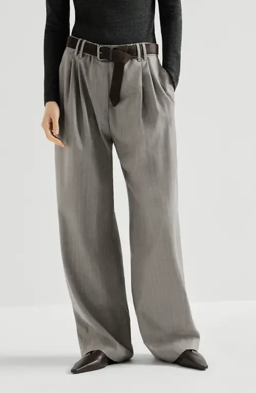 Sparkling Virgin Wool Pinstripe Track Trousers with Monili by Brunello Cucinelli