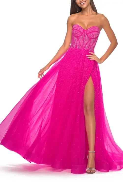 Rhinestone Embellished A-Line Tulle Gown with Corset Top by La Femme